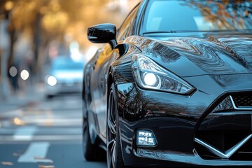 Fototapeta premium A black sports car with its headlights on. The photo showcases the car's sleek design and powerful presence on the road.