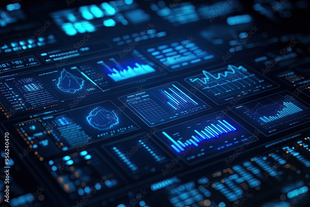 Poster blue glowing data charts displayed on screen. the image can represent data analysis, financial repor