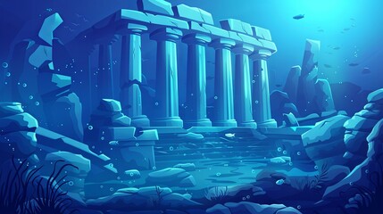 Cartoon-style  illustration depicting a blue marine environment with the ruin, including columns, lying deep underwater.