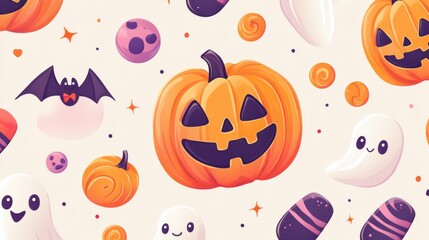Halloween Seamless Background with Joyful Pumpkins, Friendly Ghosts, and Halloween Treats