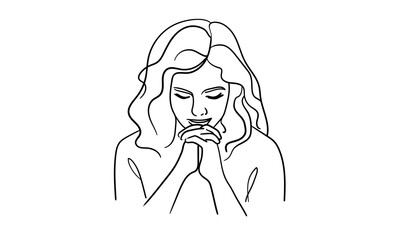 Girl praying with folded hands continuous line art drawing isolated on white background. Christian. Vector illustration