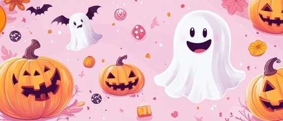 Halloween Seamless Background with Joyful Pumpkins, Friendly Ghosts, and Halloween Treats