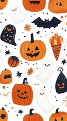 Fototapeta premium Halloween Seamless Background with Joyful Pumpkins, Friendly Ghosts, and Halloween Treats