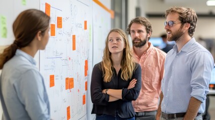 Obraz premium Team members standing around a whiteboard filled with diagrams, engaging in a dynamic discussion about project strategies.