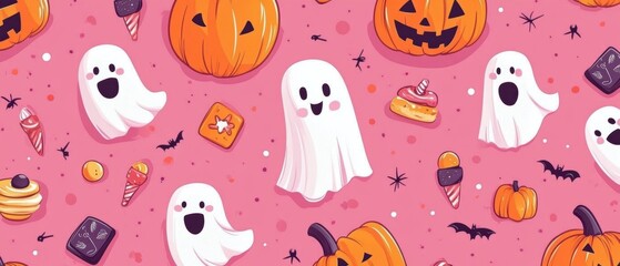 Halloween Seamless Background with Joyful Pumpkins, Friendly Ghosts, and Halloween Treats