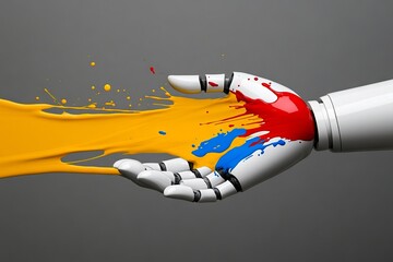 Photo of a robot hand with colorful paint splashes, representing creativity and AI's role in graphic design