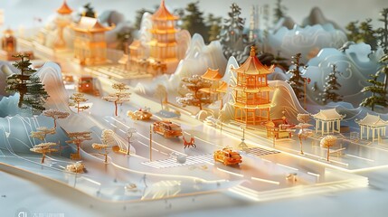 Miniature Winter Village with Traditional Asian Architecture and Soft Lighting