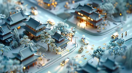 Miniature Winter Village with Traditional Asian Architecture and Soft Lighting