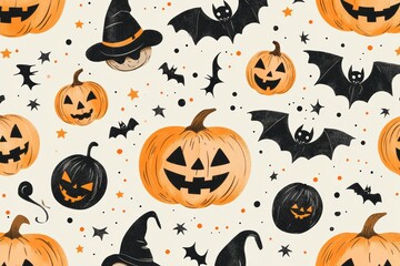 Fototapeta premium Halloween Seamless Pattern with Smiling Jack-o'-Lanterns, Happy Witches, and Festive Bats
