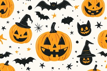 Halloween Seamless Pattern with Smiling Jack-o'-Lanterns, Happy Witches, and Festive Bats