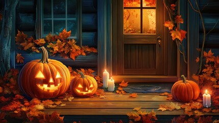 Obraz premium Halloween Pumpkins, Candles, and Autumn Leaves on Wooden House Porch Background. AI generated illustration