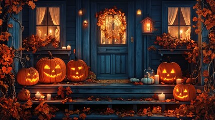 Obraz premium Halloween Pumpkins, Candles, and Autumn Leaves on Wooden House Porch Background. AI generated illustration