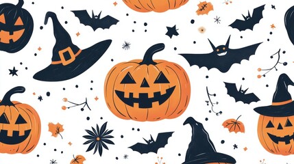 Halloween Seamless Pattern with Smiling Jack-o'-Lanterns, Happy Witches, and Festive Bats