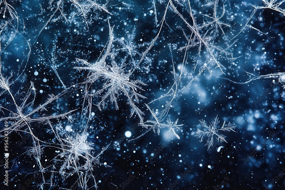 Aufkleber Delicate abstract snowflakes and fine lines create an enchanting and intricate pattern against a dark winter backdrop, illustrating nature's artistry. Generative AI