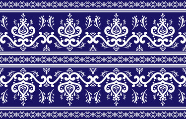 Ethnic pattern. Native fabric pattern consisting of white patterns and a blue background. Design for indigenous style, fabric, boho, carpet, ikat, tribal, batik, vector, illustration.