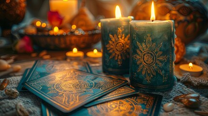 Enchanting candles and Tarot cards used for rituals and divination, detailed elements, occultism theme