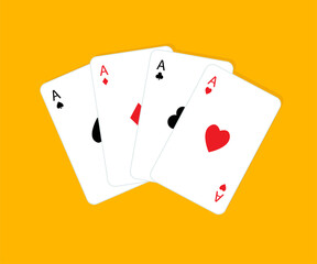 Four aces icon set. Card fan stack. Playing card. Poker cards suits. Hearts, clubs, diamonds, spades ace. Winning poker hand. Las Vegas Casino gambling concept. Flat design. Yellow background. Vector