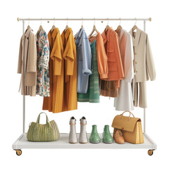 Fashionable clothing rack showcasing vibrant outfits and stylish accessories for a trendy wardrobe.