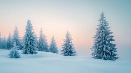 Obraz premium Serene Winter Landscape Features Snow-Covered Trees Under a Pastel Sky at Dawn in a Tranquil Setting
