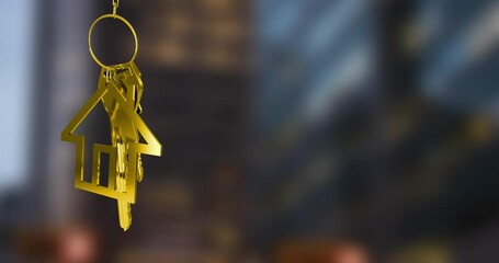 Golden house keychain animation over blurred urban background - Powered by Adobe