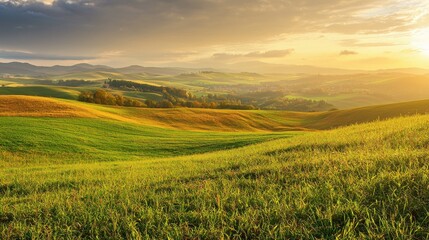 Fototapeta premium Rolling Hills Bathed in Golden Sunlight During a Tranquil Late Afternoon in the Countryside