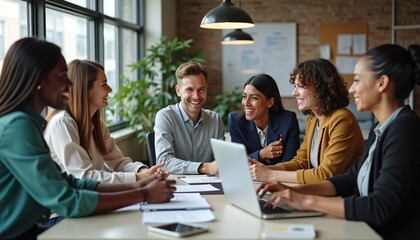 Lachendes Geschäftsteam bei einer erfolgreichen Strategieplanung im modernen Büro