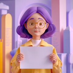 Whimsical 3D Character with Purple Hair and Expressive Eyes