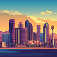 Stylized vector graphic of the Las Vegas skyline featuring casinos and skyscrapers