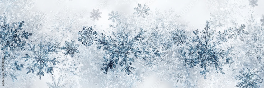 Poster delicate snowflakes and intricate lines create an abstract pattern, evoking the beauty of winter's f
