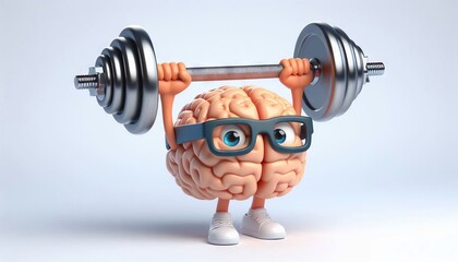 Funny 3D Character of a Brain Exercising with Weights"