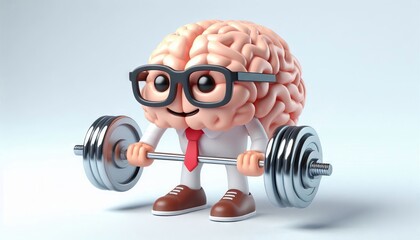 3D Cartoon Geek Brain Lifting Dumbbells