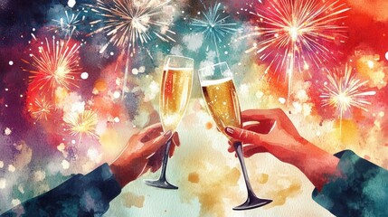 New Year's Eve Celebration with Champagne and Fireworks
