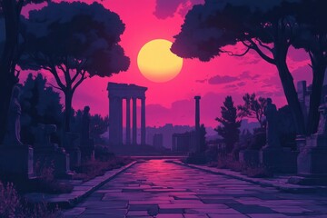 Stone Pathway Leading to Ancient Ruins at Sunset