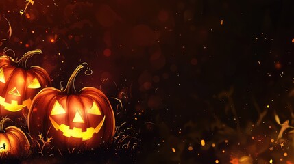 Naklejka premium Festive Halloween Banner with Pumpkins and Dark Glowing Background. AI generated illustration