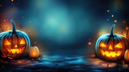 Naklejka premium Festive Halloween Banner with Pumpkins and Dark Glowing Background. AI generated illustration