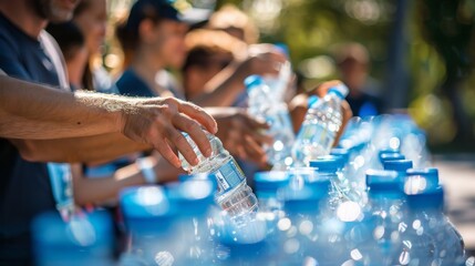Volunteers distributing water bottles during a marathon, sports events, volunteerism