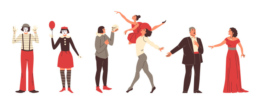 Theater artists vector cartoon set, ballet, comedy French pantomimes, opera singers, role Hamlet actor stage performers