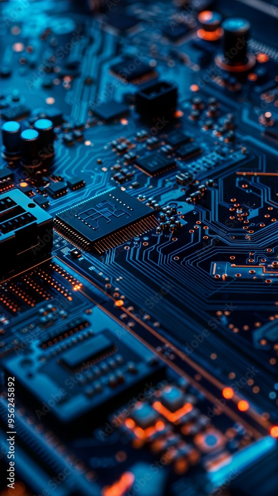 Poster close-up of electronic circuit board with blue and orange lighting for technology and computing conc