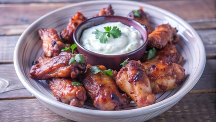 Fototapeta premium Close-up of Glazed Chicken Wings with Creamy Dip and Parsley Garnish