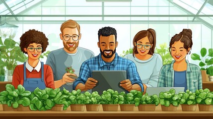 Naklejka premium Group of friends using technology in a greenhouse. Shows how technology can be used in a modern urban farm or garden.
