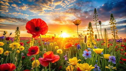 Bright wildflowers poppies verbascum rapeseed on a sunset background Worm's Eye View