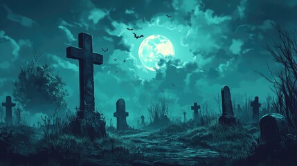 Spooky Graveyard at Night with Moon and Cloudy Sky. Halloween Backdrop. AI generated illustration