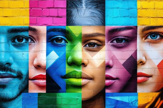 A vivid mural showcasing diverse human faces, each painted in vibrant colors on a brick wall, symbolizing unity and diversity through art and culture.