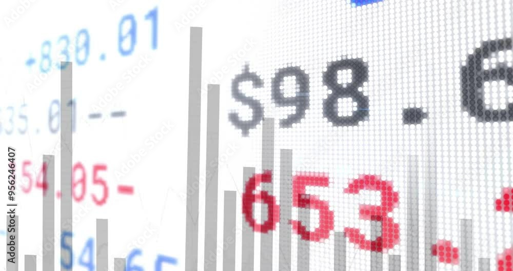 Poster financial data and bar chart animation over numerical values on white background