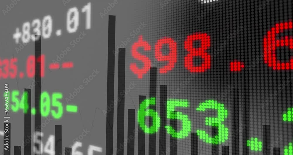 Poster stock market data animation with bar graphs and numerical values in red and green