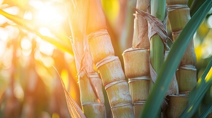 Close-up of sugarcane stalks in sunlight. This photo is perfect for illustrating articles on sugar production, agriculture, and tropical landscapes.