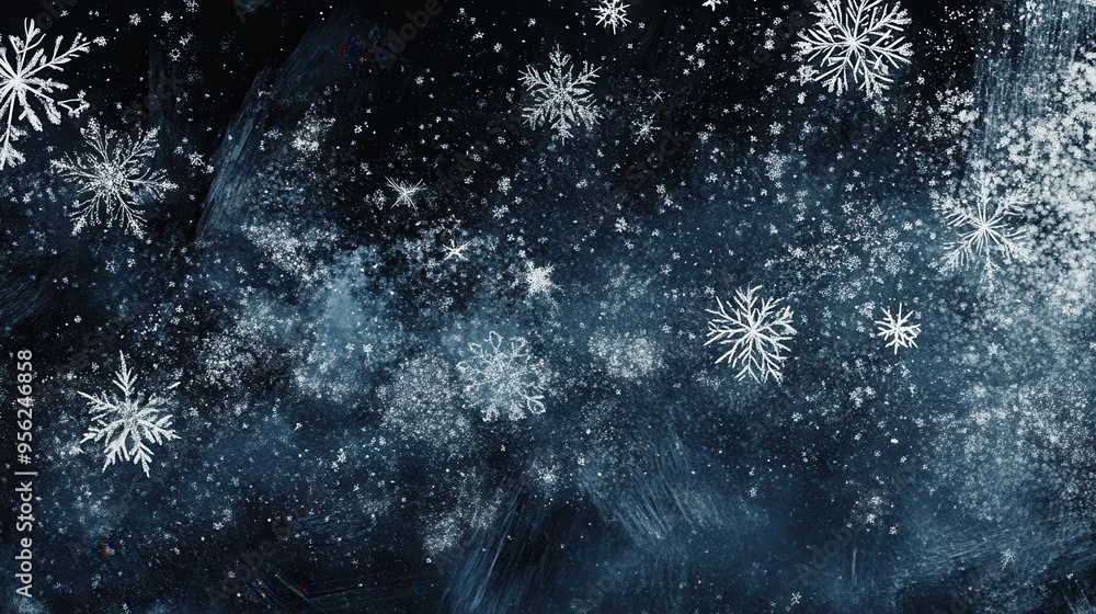 Poster A blend of abstract snowflakes and soft lines creates a serene and whimsical winter-inspired design set against a dark background. Generative AI