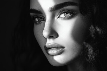 Fototapeta premium Surrealistic black and white fashion portrait with light beam.