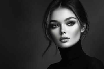 Black and white art Studio portrait of a beautiful elegant woman in a black turtleneck.