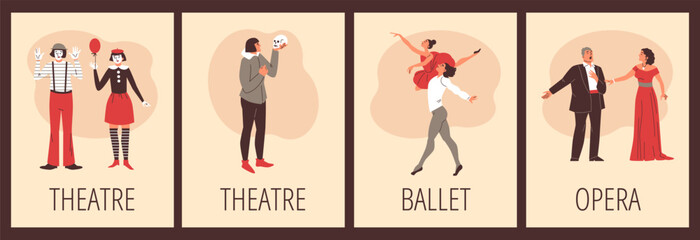 Collection of theatrical performance posters. Includes actors, opera singers, and ballet dancers in vector format